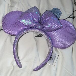 Disney Lavender Minnie Ears Headband with turquoise light reflecting sequins
